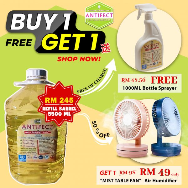 ANTIFECT Air Disinfectant @ BUY 5500ml FREE 1000ml Get 50% off "MIST TABLE FAN" Air Humidifier