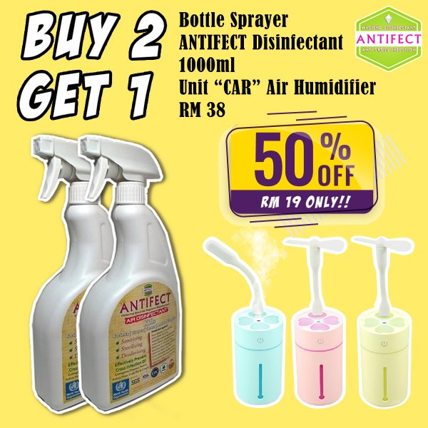 ANTIFECT Air Disinfectant @ BUY 2 Bottle Sprayer 1000ml Get 50% off "CAR" Air Humidifier