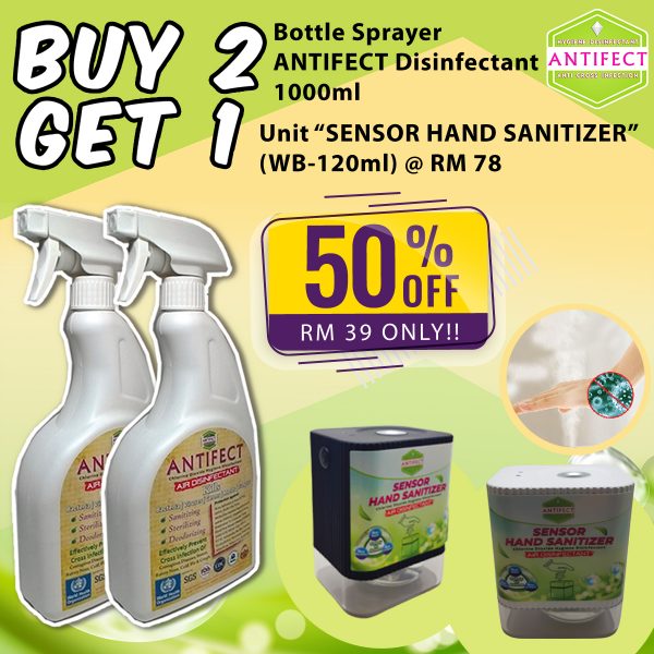 ANTIFECT Air Disinfectant @ BUY 2 Bottle Sprayer 1000ml Get 50% off "SENSOR HAND SANITIZER" (WB-120ml)