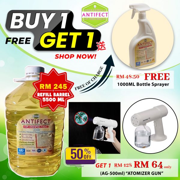 ANTIFECT Air Disinfectant @ BUY 5500ml FREE 1000ml Get 50% off "ATOMIZER GUN" (AG-500ml)